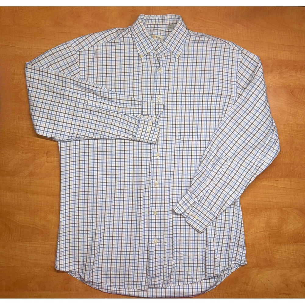 Peter Millar Mens Medium Blue Brown Plaid Check Cotton Button Down Shirt M